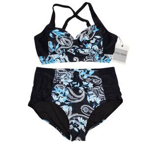 Hanna Nikole Womens XL Floral Print High-Waisted Bikini Set Black Blue